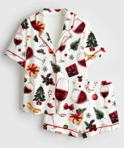 Women's Wine Glass Christmas Holiday Short Sleeve Satin Pajama Set