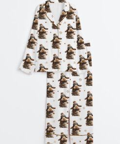 Women's Winter Bunny Christmas Cocoa Animal Lover Long Sleeve Satin Pajama Set