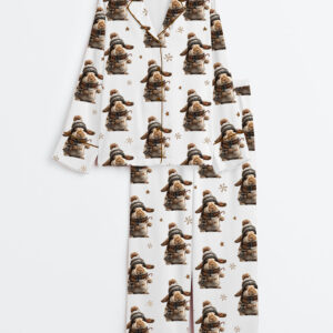 Womenâ€™s Winter Bunny Christmas Cocoa Animal Lover Long Sleeve Satin Pajama Set