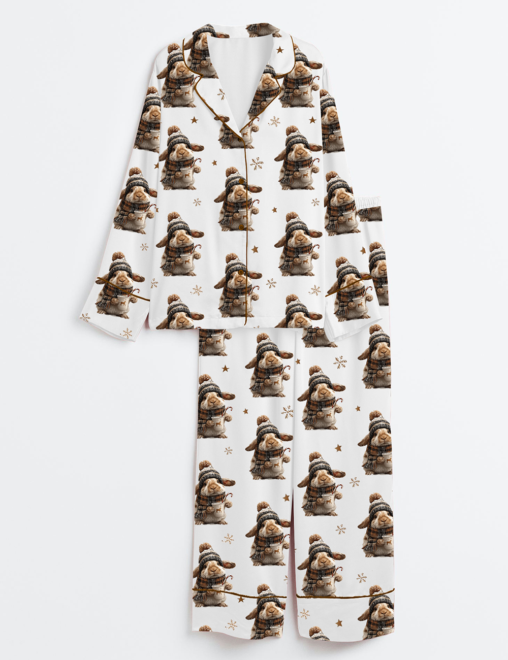 Women's Winter Bunny Christmas Cocoa Animal Lover Long Sleeve Satin Pajamas Set