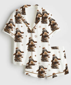 Women's Winter Bunny Christmas Cocoa Animal Lover Short Sleeve Satin Pajama Set