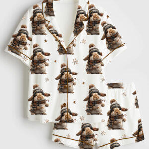Womenâ€™s Winter Bunny Christmas Cocoa Animal Lover Short Sleeve Satin Pajama Set