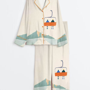 Women's Winter Mountain Skiing Chairlift Skiers On Chairlift Long Sleeve Satin Pajama Set