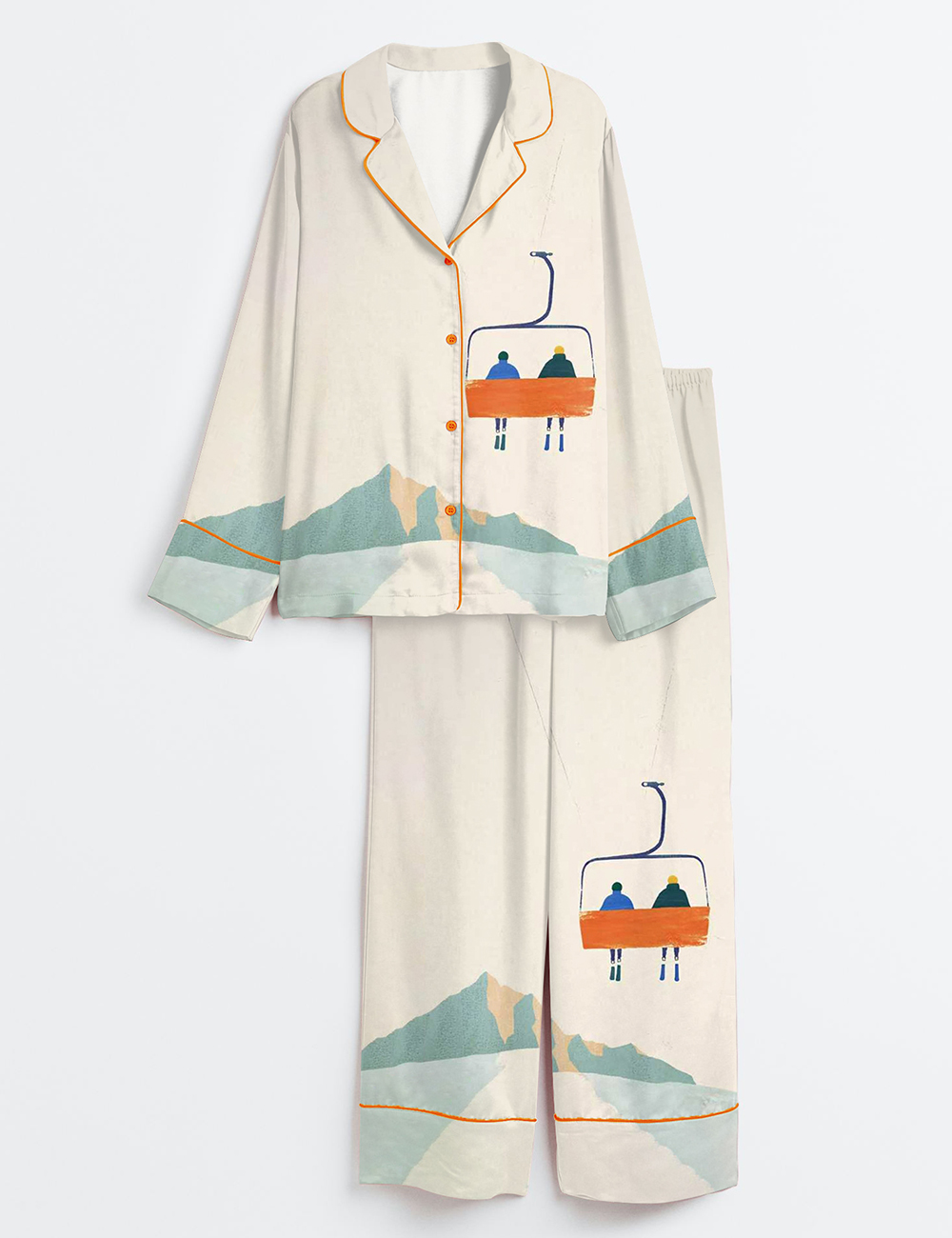 Women’s Winter Mountain Skiing Chairlift Skiers On Chairlift Long Sleeve Satin Pajama Set