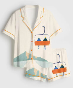 Women's Winter Mountain Skiing Chairlift Skiers On Chairlift Short Sleeve Satin Pajama Set