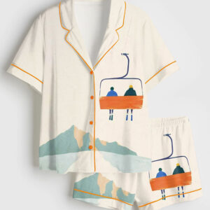 Womenâ€™s Winter Mountain Skiing Chairlift Skiers On Chairlift Short Sleeve Satin Pajama Set