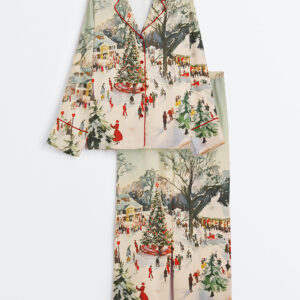 Women's Winter Town Square Art Print Festive Christmas Scene Long Sleeve Satin Pajama Set