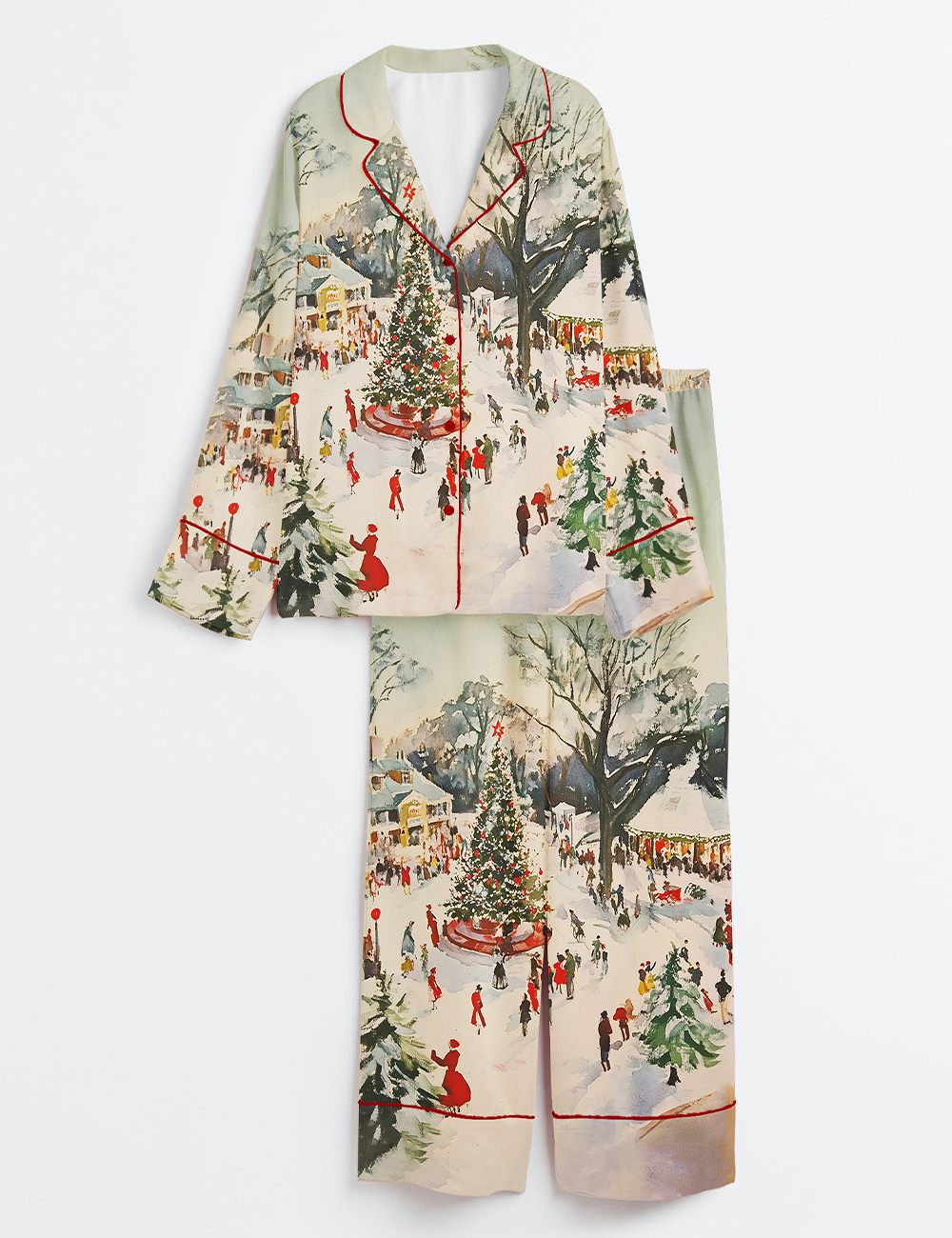 Womenâ€™s Winter Town Square Art Print Festive Christmas Scene Long Sleeve Satin Pajama Set