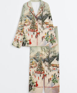 Women's Winter Town Square Art Print Festive Christmas Scene Long Sleeve Satin Pajamas Set