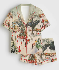 Women's Winter Town Square Art Print Festive Christmas Scene Short Sleeve Satin Pajama Set