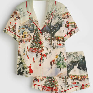 Womenâ€™s Winter Town Square Art Print Festive Christmas Scene Short Sleeve Satin Pajama Set