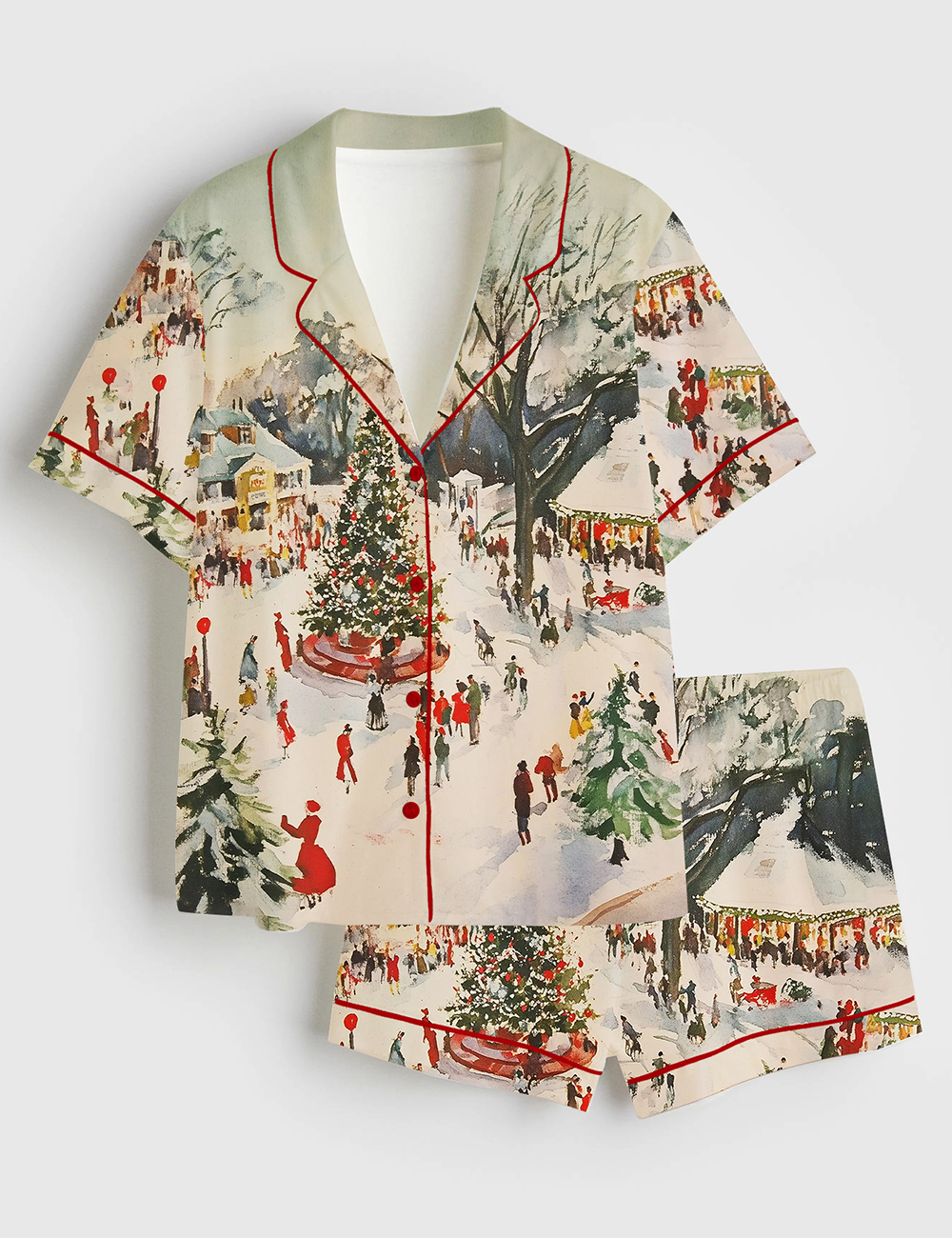 Womenâ€™s Winter Town Square Art Print Festive Christmas Scene Short Sleeve Satin Pajama Set