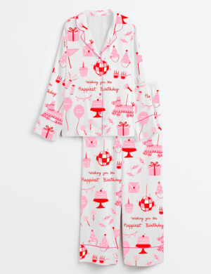 Women's Wishing You The Happiest Birthday Long Sleeve Satin Pajama Set