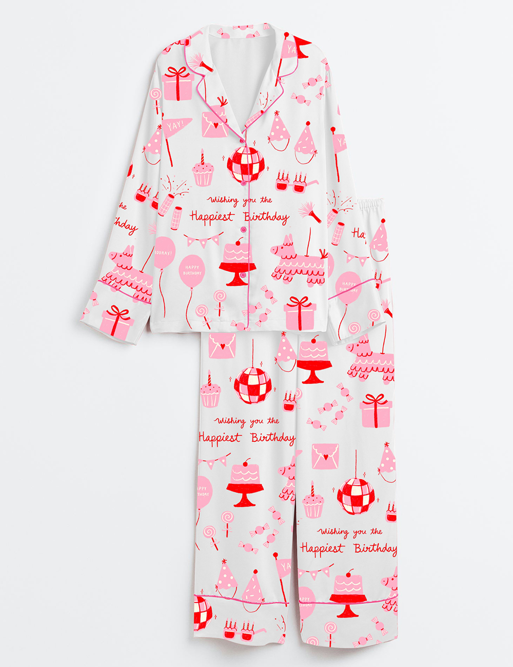 Women's Wishing You The Happiest Birthday Long Sleeve Satin Pajama Set