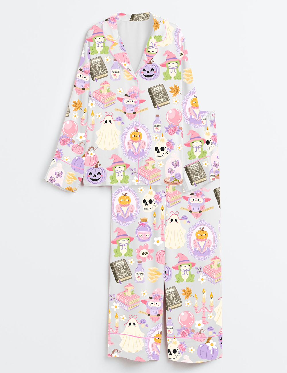 Women's Witchy Halloween Spooky Halloween Aesthetics Witchy Coquette Pastel Halloween Witch Print Long Sleeve Satin Pajama Set