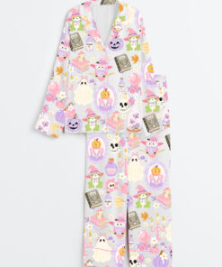 Women's Witchy Halloween Spooky Halloween Aesthetics Witchy Coquette Pastel Halloween Witch Print Long Sleeve Satin Pajamas Set