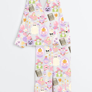 Women's Witchy Halloween Spooky Halloween Aesthetics Witchy Coquette Pastel Halloween Witch Print Long Sleeve Satin Pajamas Set