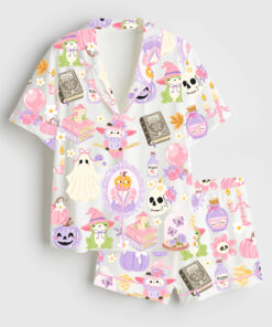 Women's Witchy Halloween Spooky Halloween Aesthetics Witchy Coquette Pastel Halloween Witch Print Short Sleeve Satin Pajama Set