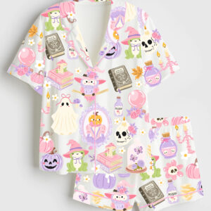 Women's Witchy Halloween Spooky Halloween Aesthetics Witchy Coquette Pastel Halloween Witch Print Short Sleeve Satin Pajama Set