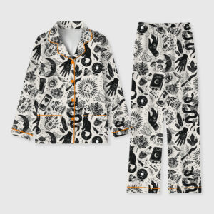 Women's Witchy Things In Black And White Halloween Cat Long Sleeve Pocket Cotton Pajama Set