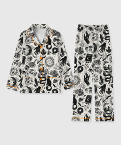 Women's Witchy Things In Black And White Halloween Cat Long Sleeve Pocket Cotton Pajama Set