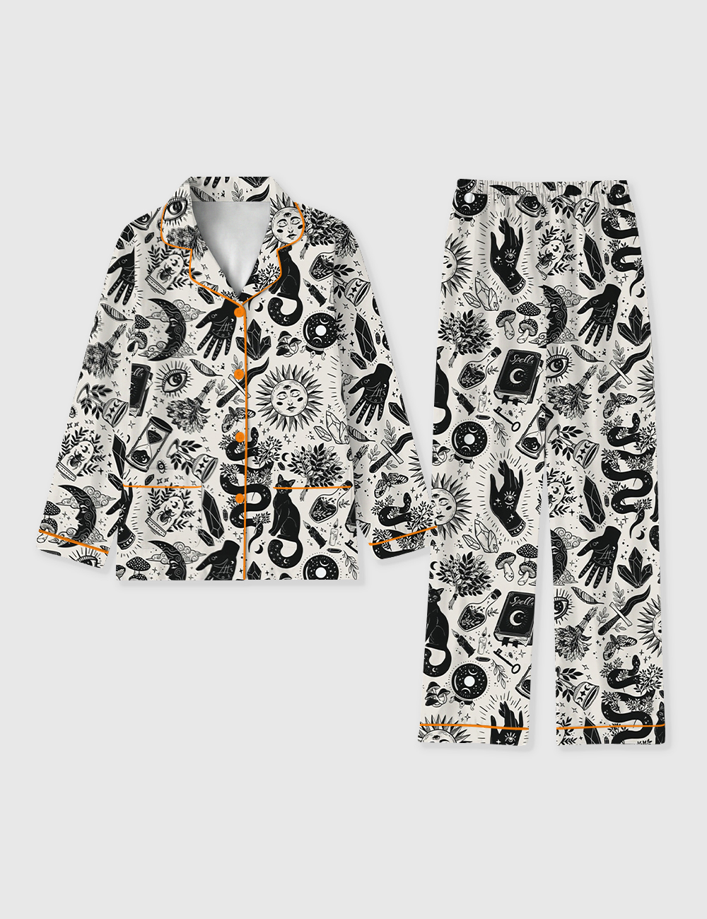 Women's Witchy Things In Black And White Halloween Cat Long Sleeve Pocket Cotton Pajama Set