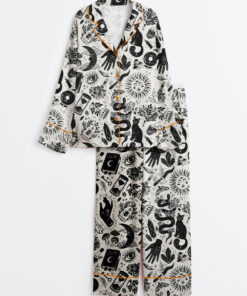 Women's Witchy Things In Black And White Halloween Cat Long Sleeve Satin Pajama Set