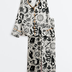 Women's Witchy Things In Black And White Halloween Cat Long Sleeve Satin Pajama Set