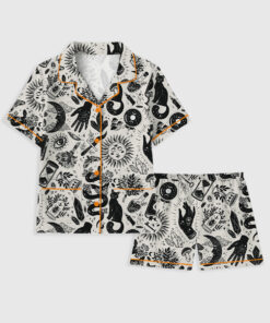 Women's Witchy Things In Black And White Halloween Cat Short Sleeve Pocket Cotton Pajama Set