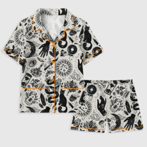 Women's Witchy Things In Black And White Halloween Cat Short Sleeve Pocket Cotton Pajama Set