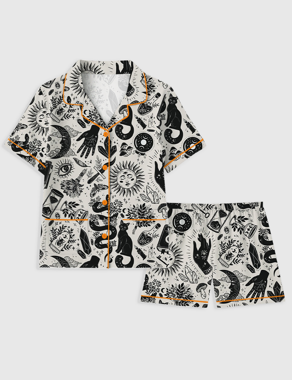 Women's Witchy Things In Black And White Halloween Cat Short Sleeve Pocket Cotton Pajama Set