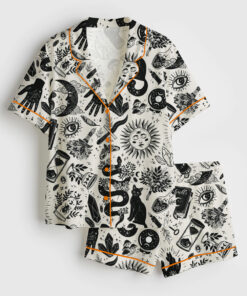 Women's Witchy Things In Black And White Halloween Cat Short Sleeve Satin Pajama Set