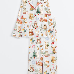Women's Woodland Christmas Watercolor Reindeer Bear Hedgehog Holiday Animals Long Sleeve Satin Pajama Set