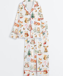 Women's Woodland Christmas Watercolor Reindeer Bear Hedgehog Holiday Animals Long Sleeve Satin Pajama Set