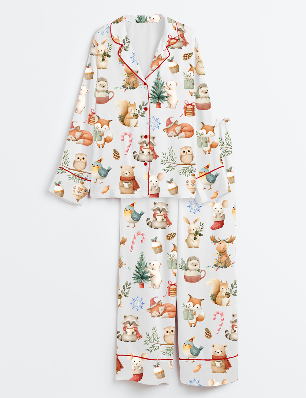 Womenâ€™s Woodland Christmas Watercolor Reindeer Bear Hedgehog Holiday Animals Long Sleeve Satin Pajama Set