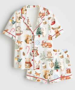 Women's Woodland Christmas Watercolor Reindeer Bear Hedgehog Holiday Animals Short Sleeve Satin Pajama Set