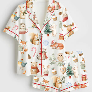 Womenâ€™s Woodland Christmas Watercolor Reindeer Bear Hedgehog Holiday Animals Short Sleeve Satin Pajama Set