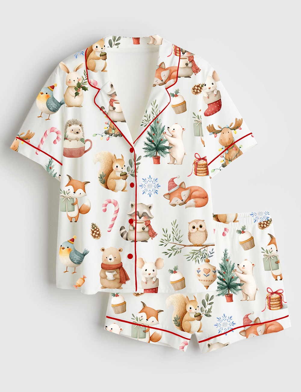 Womenâ€™s Woodland Christmas Watercolor Reindeer Bear Hedgehog Holiday Animals Short Sleeve Satin Pajama Set