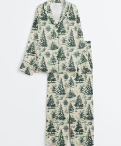 Women's Woodland Toile Christmas Rustic Vintage Christmas Long Sleeve Satin Pajamas Set