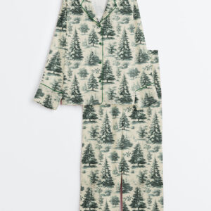 Women's Woodland Toile Christmas Rustic Vintage Christmas Long Sleeve Satin Pajamas Set