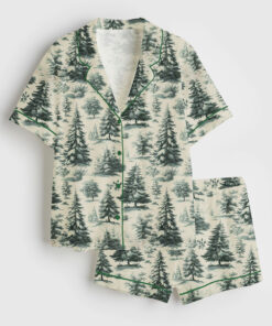 Women's Woodland Toile Christmas Rustic Vintage Christmas Short Sleeve Satin Pajama Set