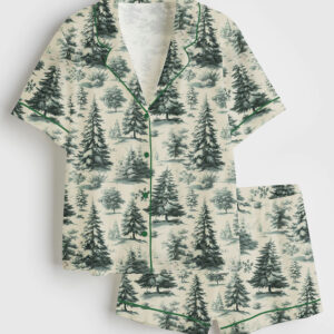 Women's Woodland Toile Christmas Rustic Vintage Christmas Short Sleeve Satin Pajama Set