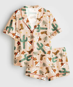 Women's Xmas Western Cowboy Boots Short Sleeve Satin Pajama Set