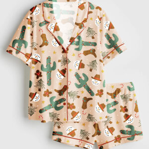 Women's Xmas Western Cowboy Boots Short Sleeve Satin Pajama Set