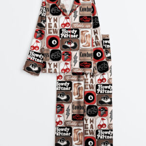 Women's Yee Haw Howdy Partner Giddy Up Western Cowboy Collage Print Long Sleeve Satin Pajama Set