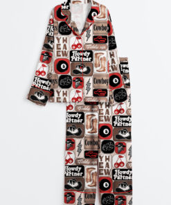 Women's Yee Haw Howdy Partner Giddy Up Western Cowboy Collage Print Long Sleeve Satin Pajama Set