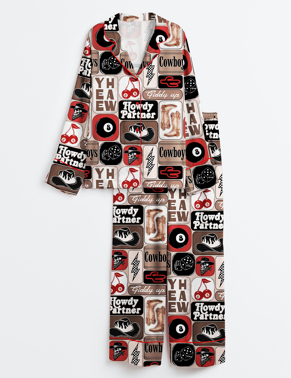 Womenâ€™s Yee Haw Howdy Partner Giddy Up Western Cowboy Collage Print Long Sleeve Satin Pajama Set