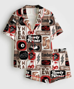 Women's Yee Haw Howdy Partner Giddy Up Western Cowboy Collage Print Short Sleeve Satin Pajama Set