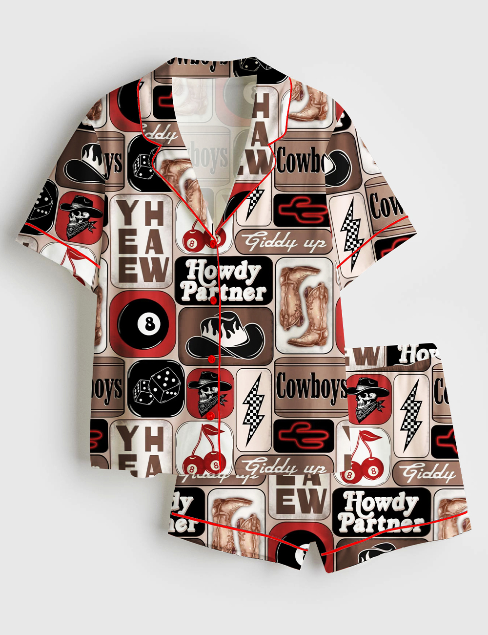 Womenâ€™s Yee Haw Howdy Partner Giddy Up Western Cowboy Collage Print Short Sleeve Satin Pajama Set