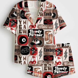 Women's Yee Haw Howdy Partner Giddy Up Western Cowboy Collage Print Short Sleeve Satin Pajama Set
